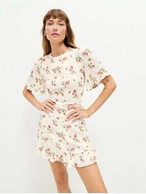 Reformation Cream Floral Mini Dress with Pink Blooms